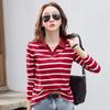 Осенняя женская футболка с длинным рукавом и полосатым лацканом