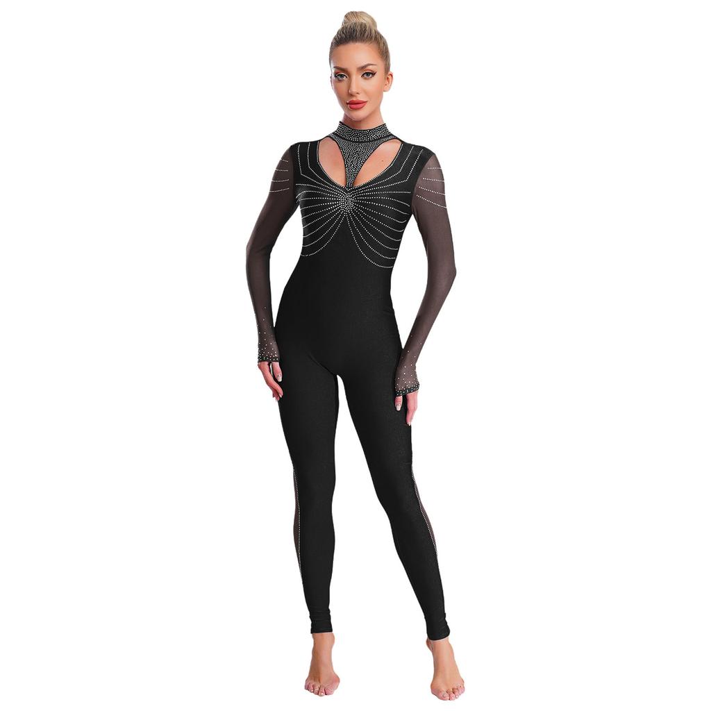Женский гимнастический комбинезон с блестящими стразами, пэчворк, с воротником-стойкой, длинными рукавами, застежкой-молнией на спине.