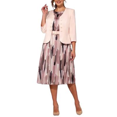 2 шт./компл., женское элегантное платье больших размеров, комплект пальто, платье с круглым вырезом и коротким рукавом с принтом, однотонное двубортное платье с рукавами 3/4, комплект пальто