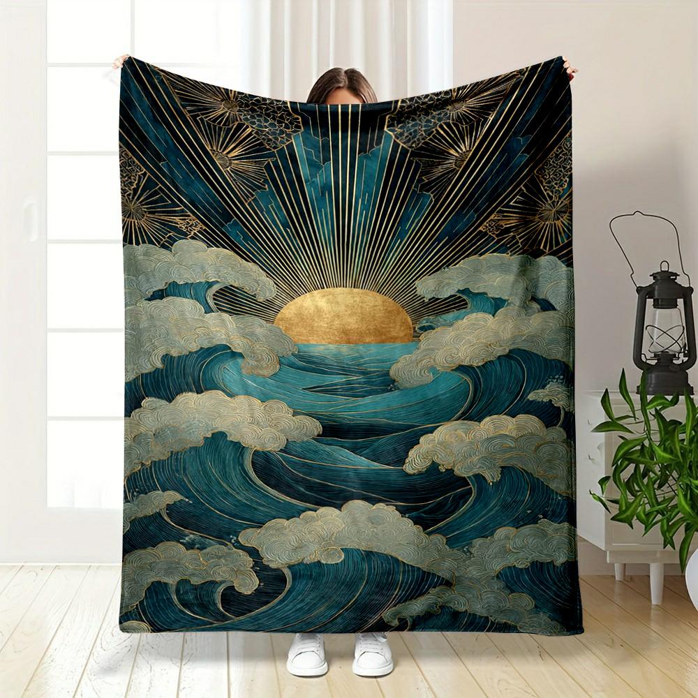 Golden Sun and Ocean Waves Art Design Flannel blanket for bedroom, living room, sofa, and nap sofas.