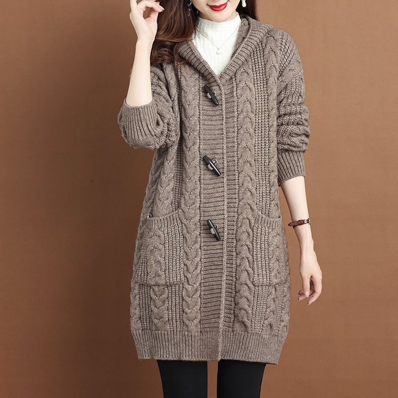 Свитер вязаный кардиган женский осенне-зимний с капюшоном модная универсальная верхняя одежда толстая теплая куртка средней длины