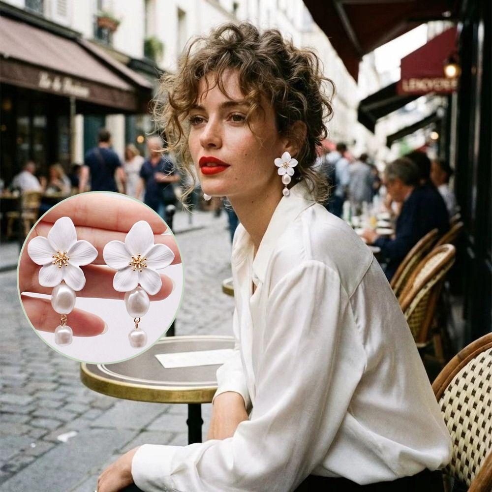 New White Imitation Pearl Earrings Elegant Alloy Dangle Earrings Drop Shape Ear Studs Women Jewelry