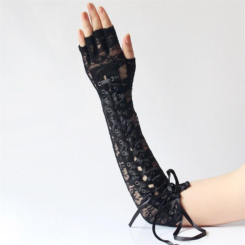 Готические женские кружевные перчатки без пальцев на шнуровке в стиле стимпанк, Великобритания, длинные длинные в стиле панк на Хэллоуин