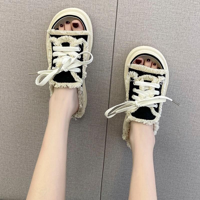 Женские парусиновые тапочки на плоской подошве 2024 года, новые женские повседневные туфли на шнуровке, женские модные тапочки на платформе, женские джинсовые пляжные сандалии с открытым носком