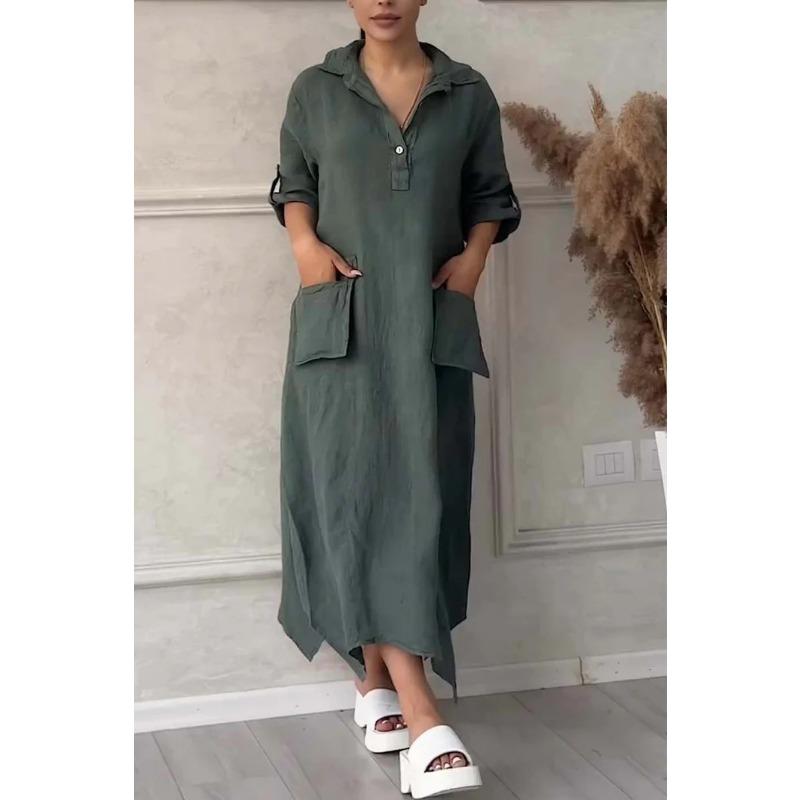 Весенне-осеннее женское платье больших размеров, однотонное, повседневное, длинные платья с карманами и лацканами