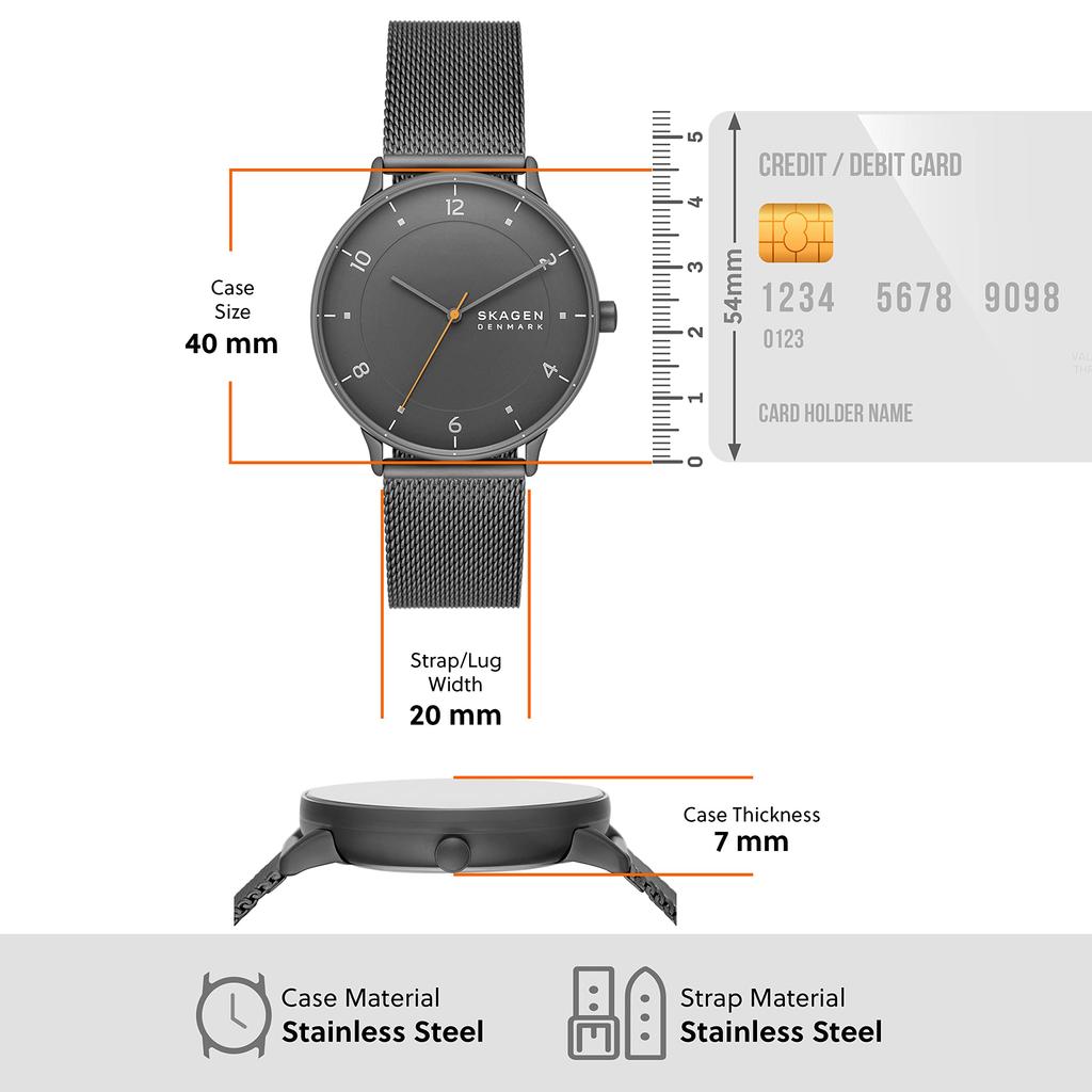RIIS Часы с тремя стрелками, стальной сетчатый ремешок, цвет: угольный