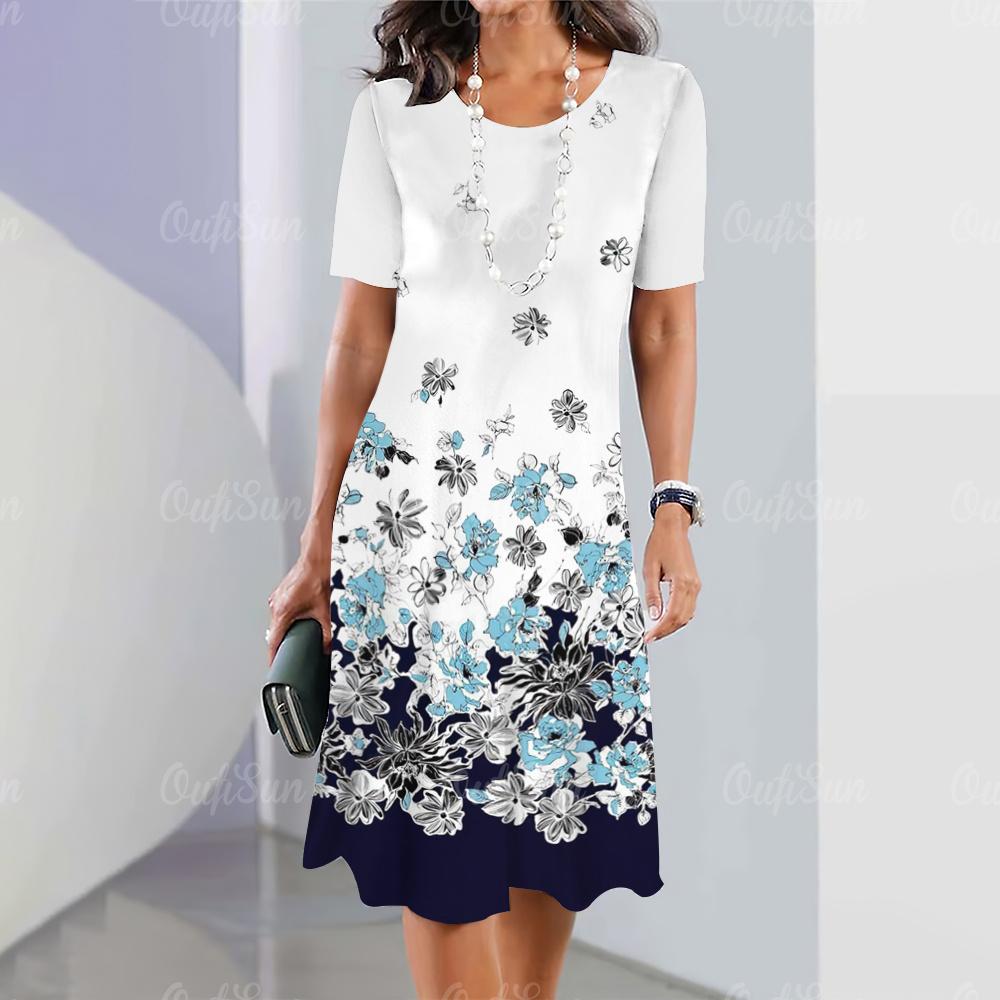 Элегантные женские платья, модные женские топы с короткими рукавами, повседневные женские свободные платья А-силуэта, пуловеры, простые цветы, одежда