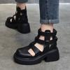 Retro Genuine Leather Thick Sole Round Toe Women Sandals Hollow Out Thick High Heels Roman Shoes