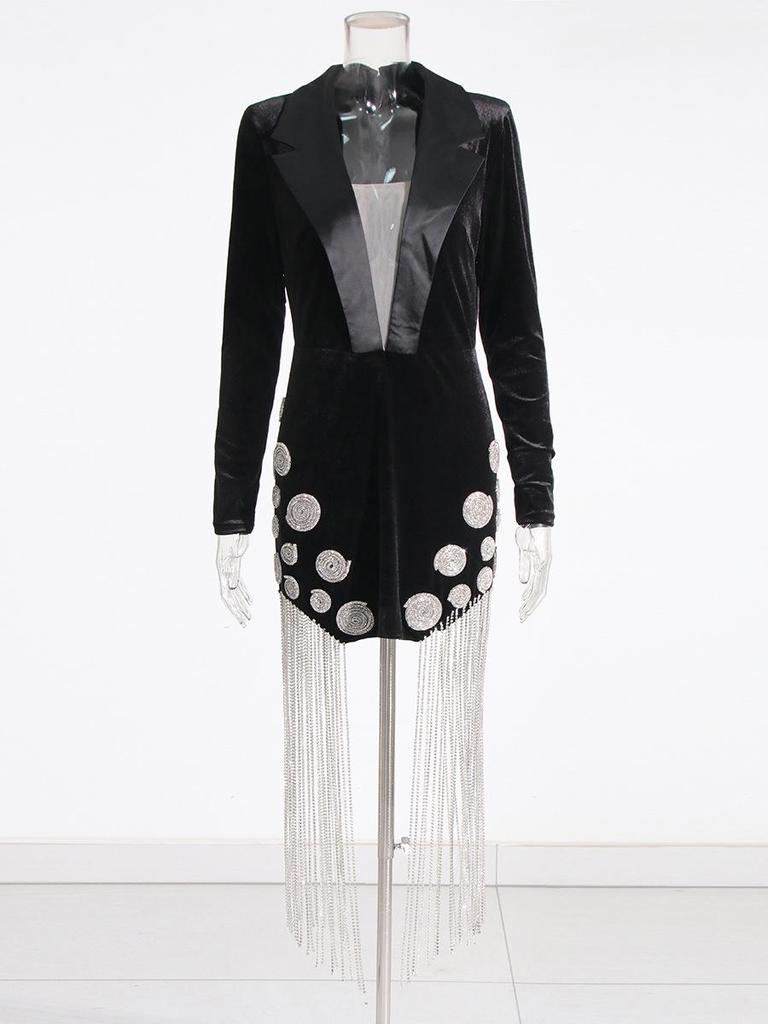 Summer 2025 European & American Rhinestone Deep V Tassel Evening Dress