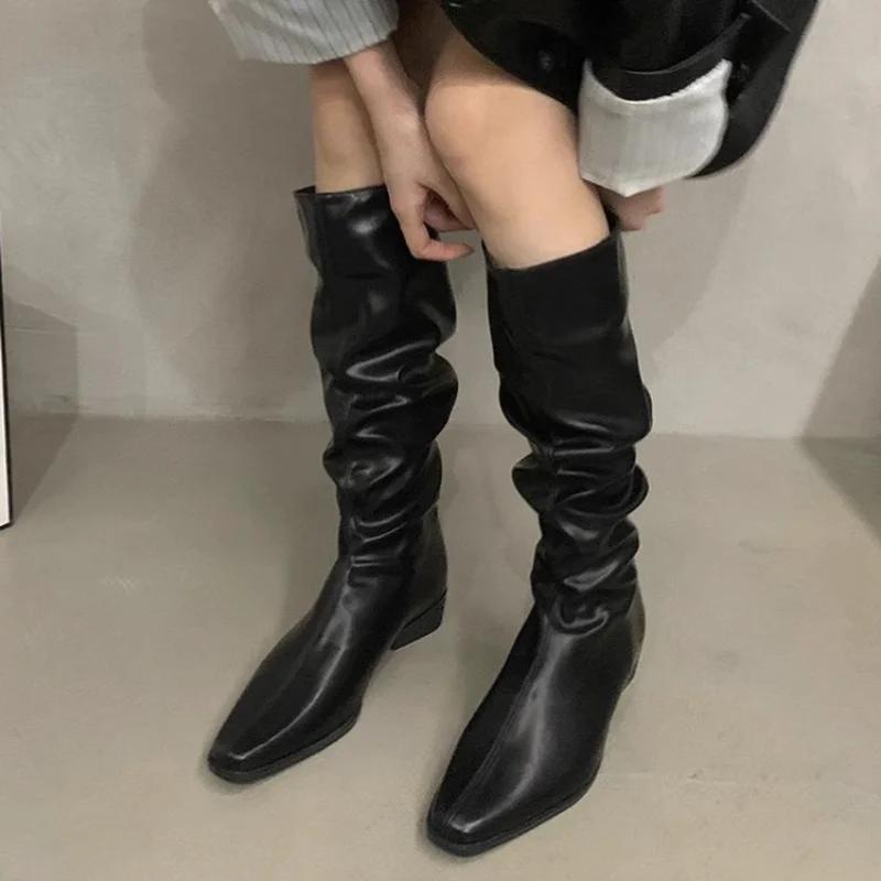 Autumn New Coarse Heel Folded Stacked Middle Leg Fashion Boots for Women with Square Heads and Low Heels