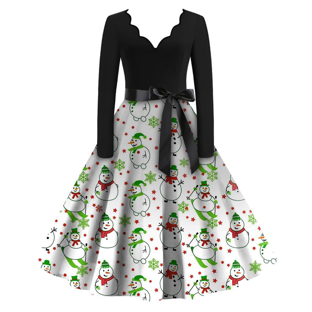 Женские модные повседневные тонкие рождественские платья с длинным рукавом с v-образным вырезом и принтом