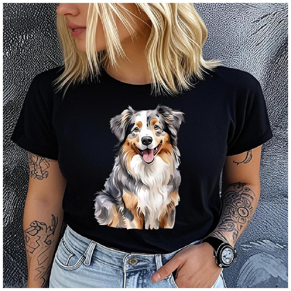 Unisex 100% Polyester Summer Top Watercolor hand-drawn shepherd dog Print Loose round Neck Short Sleeve Fashion for Lovers