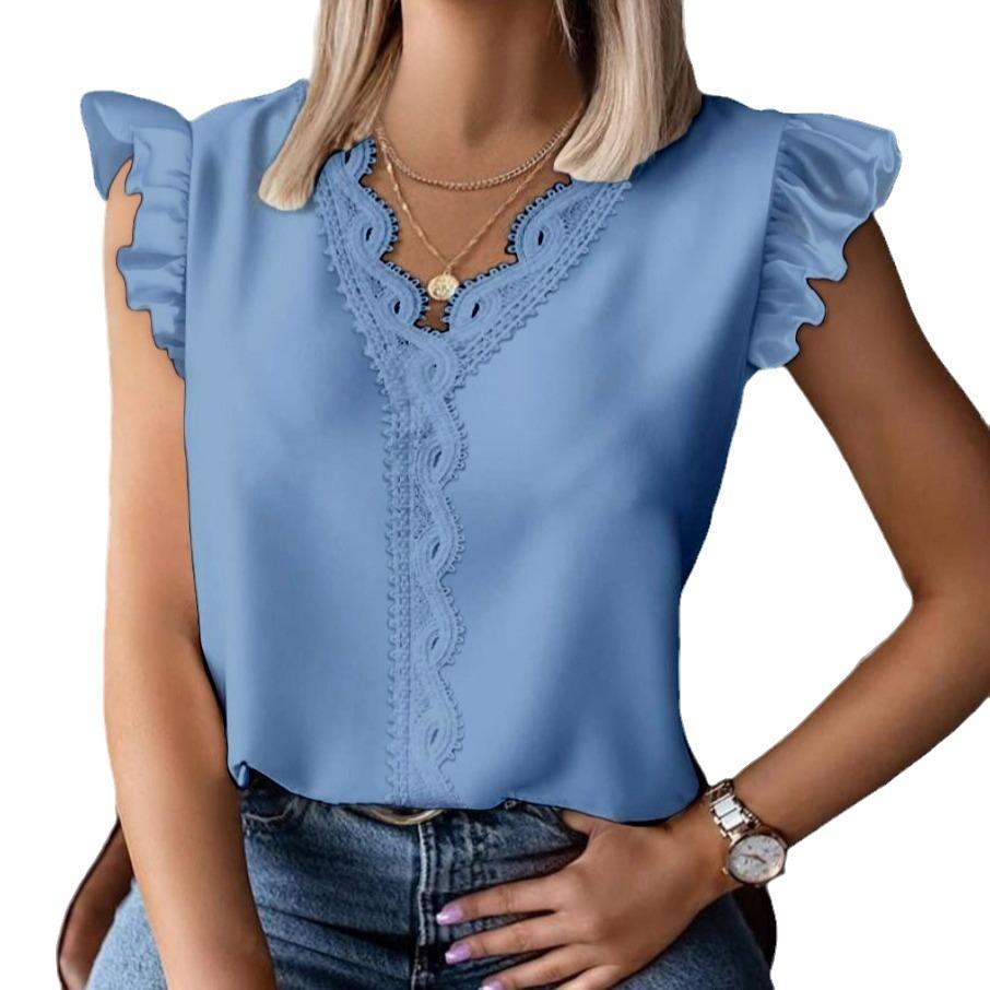 IHUASU Summer Ruffled Simple V-neck Lace Patchwork Loose Shirt Women T-shirt