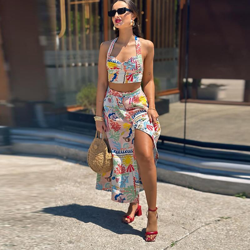 Женские сексуальные напечатанные юбки-халтер, летние костюмы без рукавов, укороченный топ с открытой спиной, однобортные юбки с разрезом, комплекты из двух частей