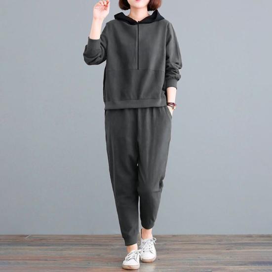 2 шт./компл., штаны с капюшоном, костюм на молнии с длинными рукавами и капюшоном, свободный толстый эластичный пояс с ремешками на щиколотке, однотонный мягкий теплый женский топ, комплект брюк на осень