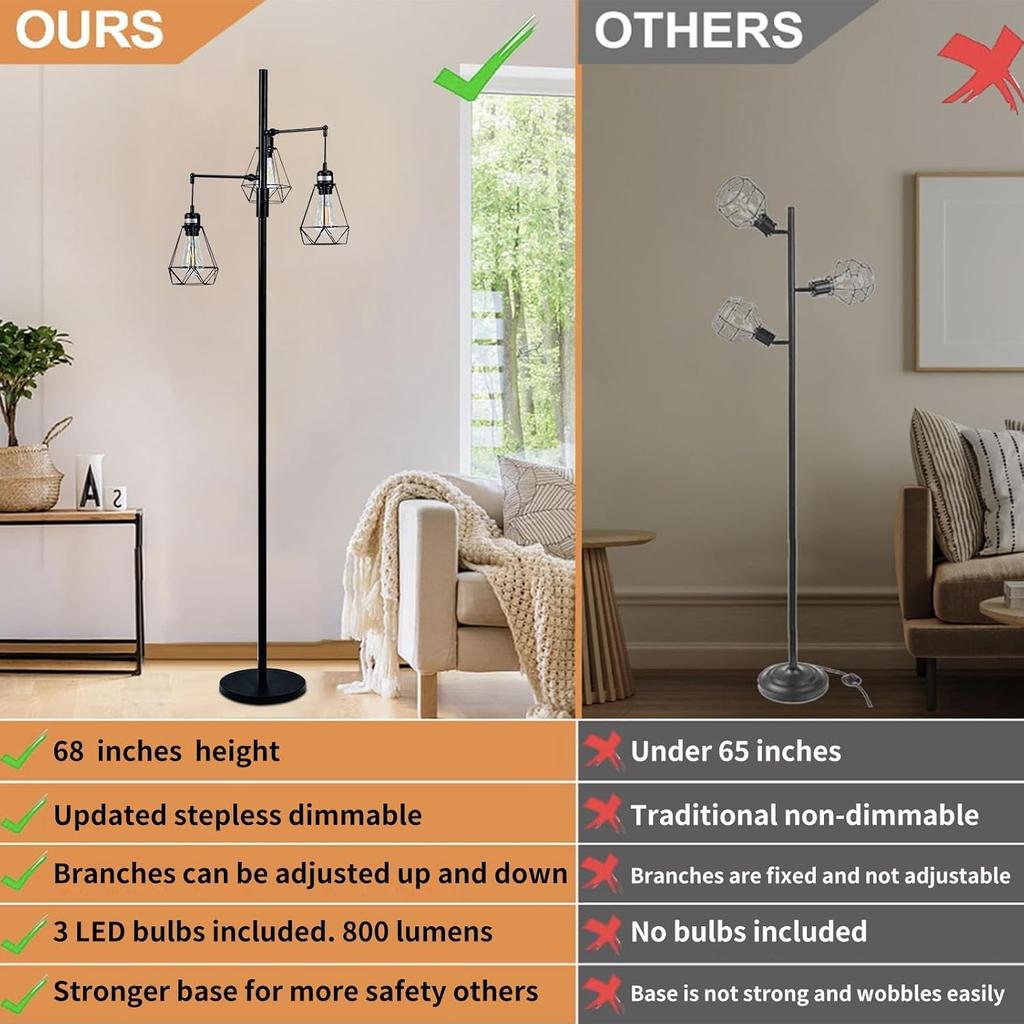 Industrial Tree Floor Lamp, Stepless Dimming, Adjustable Cage Shades, Weighted Base, Vintage Standing Light with 3 Edison Bulbs