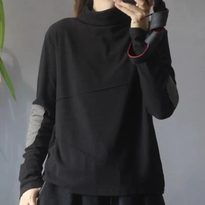 Женский этнический пуловер из флиса с пэчворком - Воротник-стойка, Осень/Зима, Свободный крой