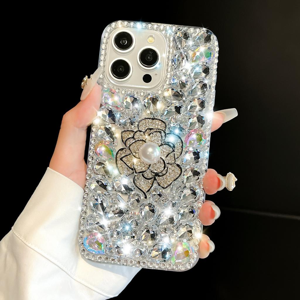 Full Diamond Camellia Apple 16promax Rhinestone Mobile Phone Case Female Iphone15 Protective Case for 14 Luxury 13