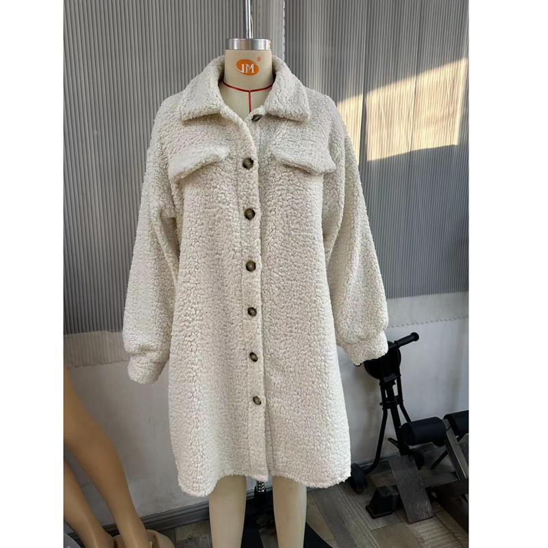 Autumn Winter Long Sleeve Lapel Plush Coat Female Casual Office Outer Wear Long Coat Ladies Elegant Solid Color Warm Coat