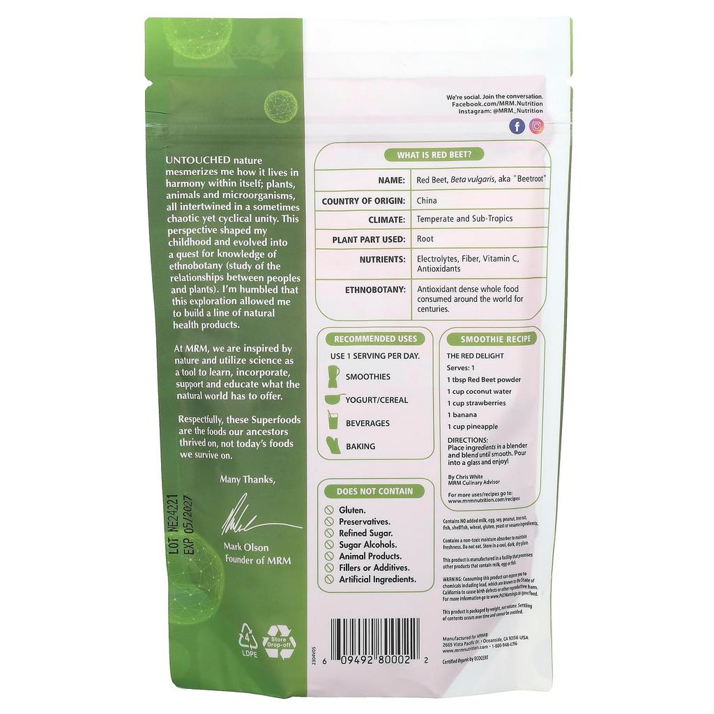 MRM Nutrition Organic Red Beet Powder, 8.5 Oz (240 G)