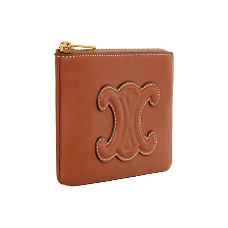 CELINE Celine Arc de Triomphe Large Logo Embossed Zipper Closure Smooth Leather Coin Purse Card Holder Wallet for Women Tan