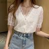 Shirts Women Lace Ladies Ins V-Neck Elegant Fashion Design Leisure Summer All-match Ulzzang Temperament Single Breasted White