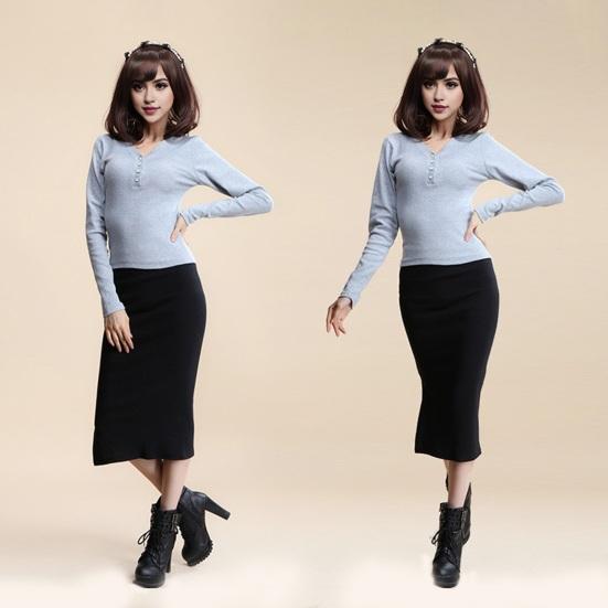 Women Midi Skirt Mid-rise Back Split Design Solid Color Knitting Skirt Hip Wrapped Office Lady Skirt