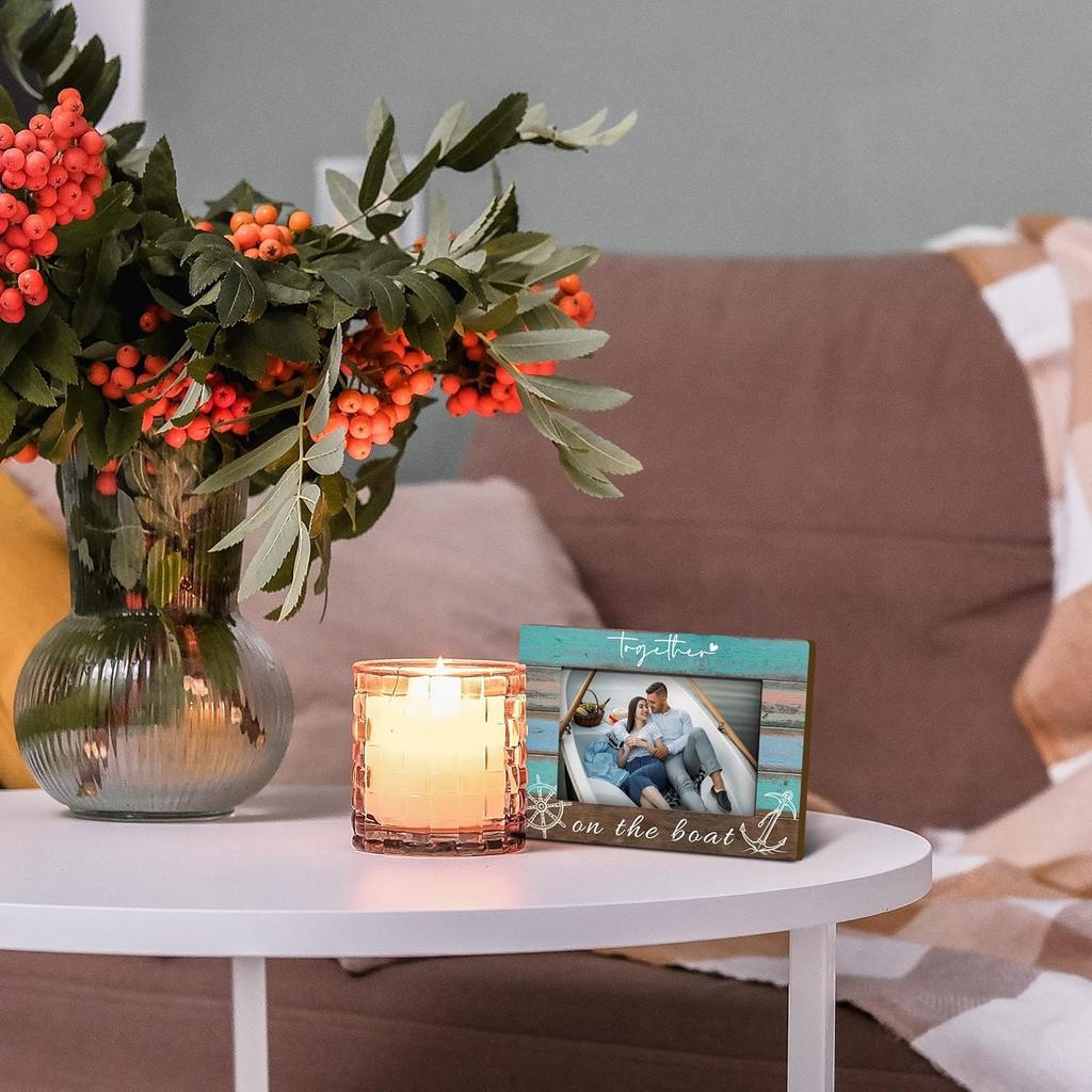 Together on the Boat 4x6 Picture Frame, Boat Lovers Captain Owner Gifts Wooden Picture Frame, Boating Gifts for Women Men, Nautical Anchor Rudder