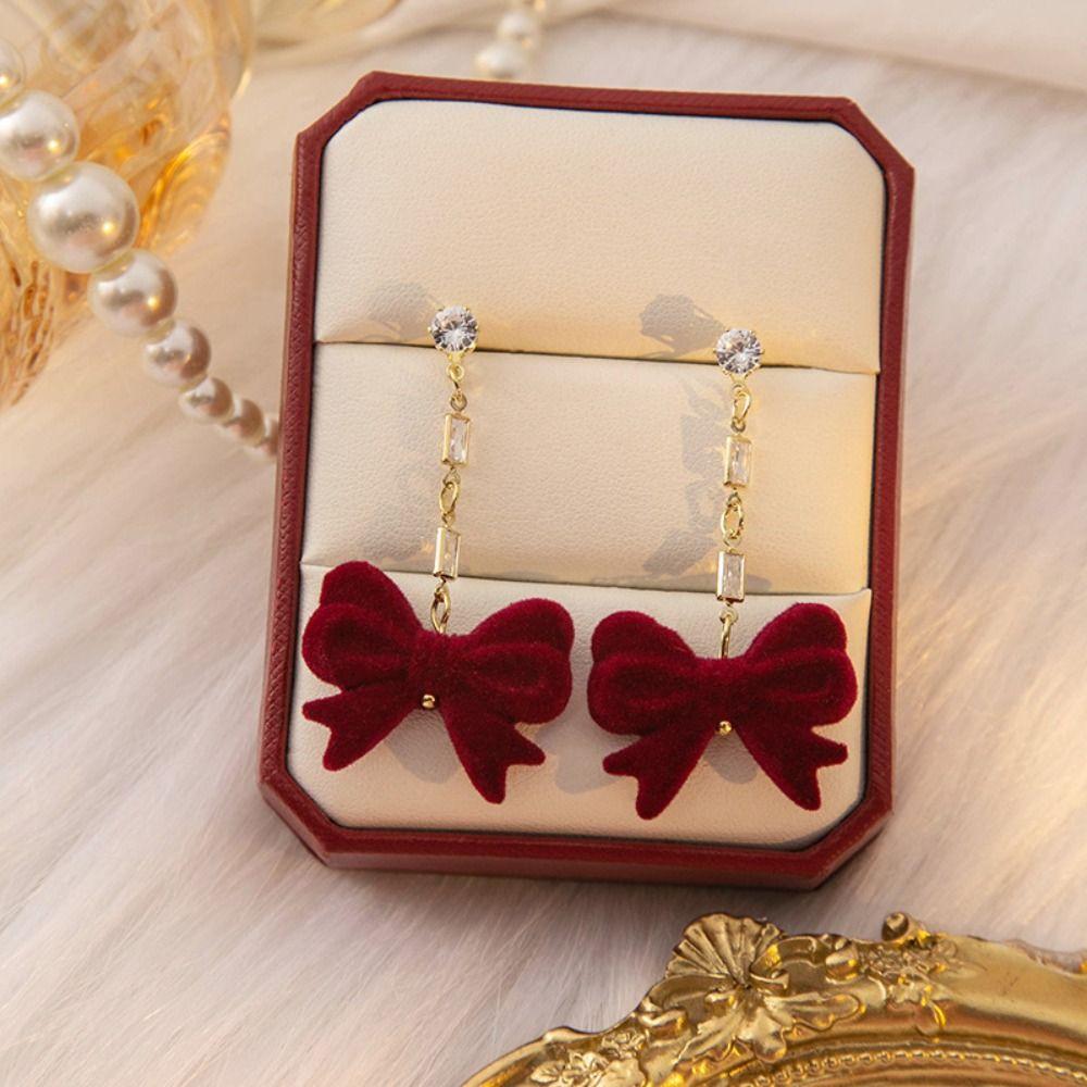 Zinc alloy Long Tassel Chain Flocking Bow Dangle Earrings NEW Earrings  New Year Gift