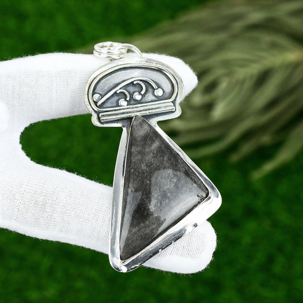 Sterling Silver Trillion Natural Silver Sheen Obsidian Bezel New Pendant Jewelry