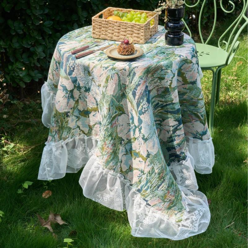 Chinese Style Tablecloth Geometric Jacquard Lace Trim Dustproof Decorative Table Cover Home