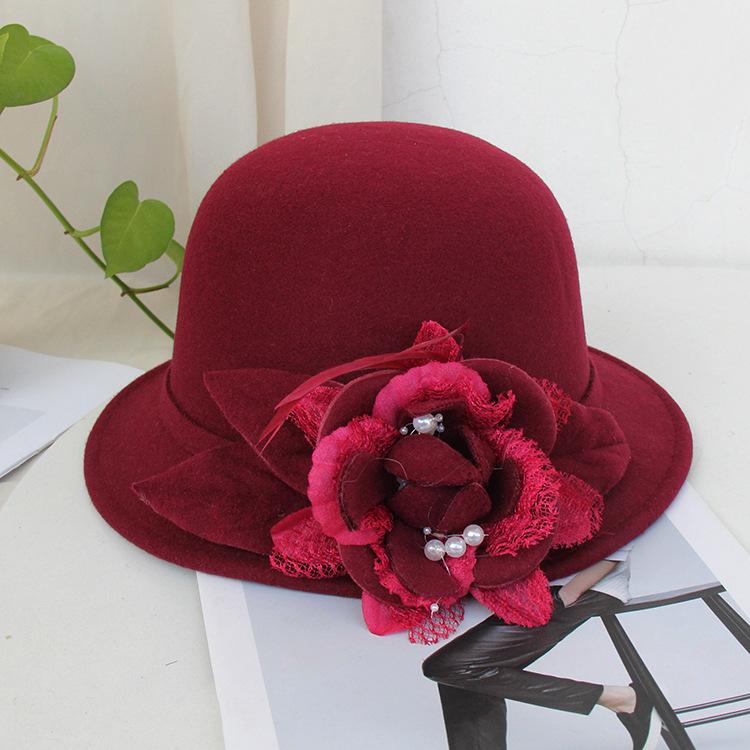 Bucket Hat Female British Retro Feather Flower Woolen Top Hat Elegant Felt Hat Pot Hat