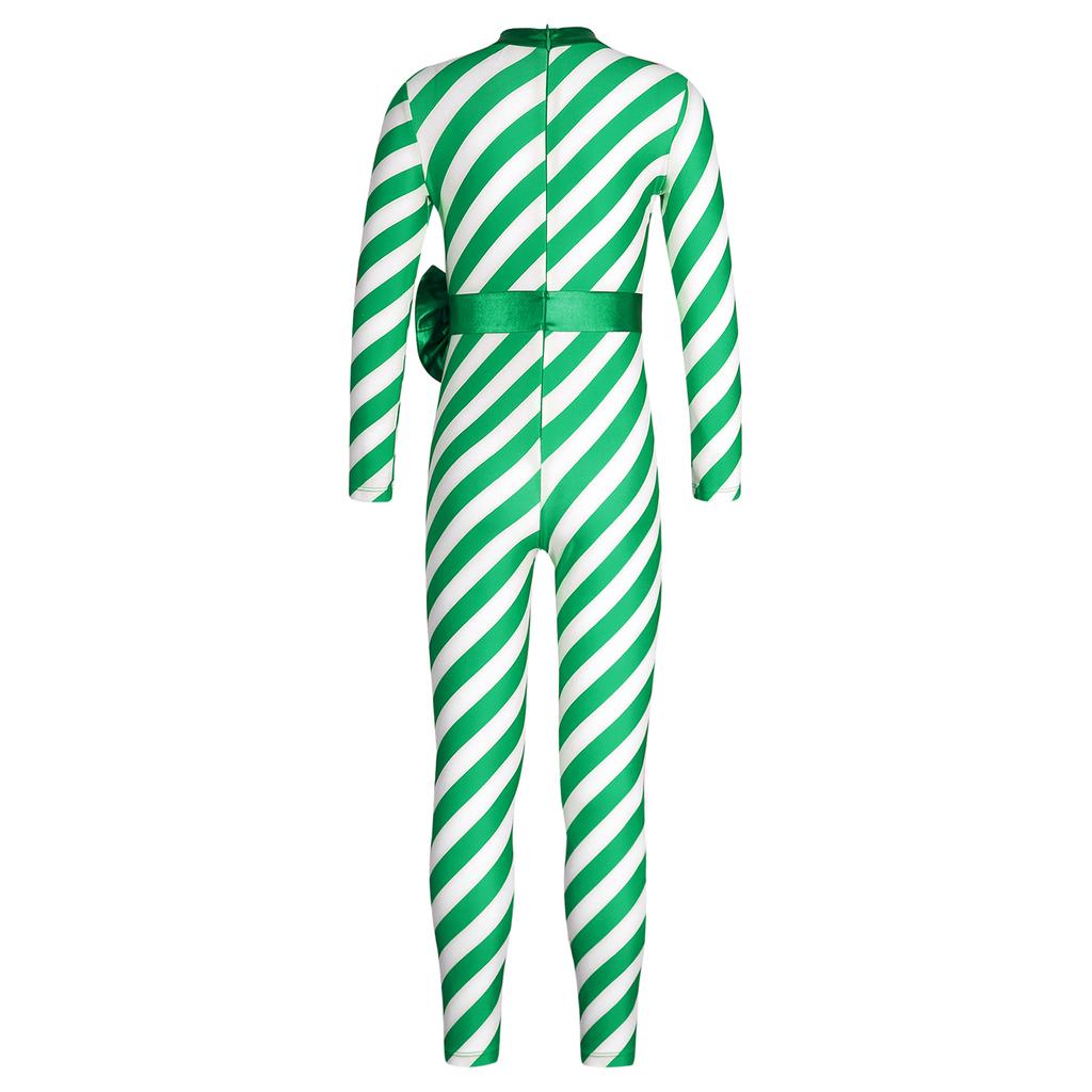 Girls Candy Cane Costume Striped Design Long Sleeve Bow Knot Bodysuit Dance Jumpsuit Christmas Party Outfit
