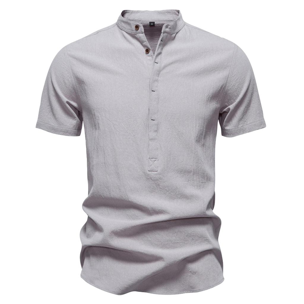 Men's Solid Color Cotton Linen Button Stand Collar Short Sleeve Top Men's Casual Breathable Tops