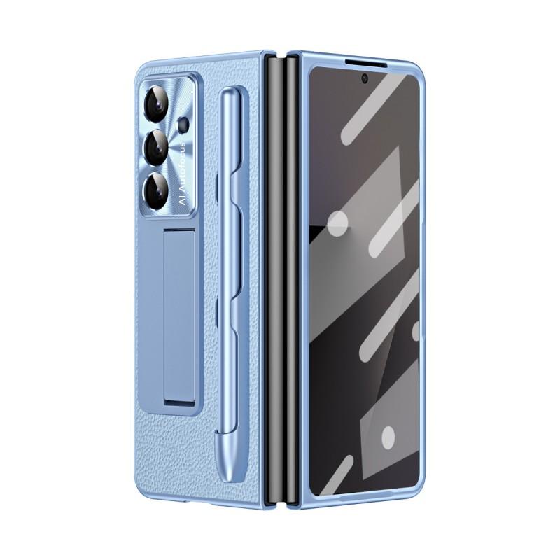 Чехол для Galaxy Z Fold7 со слотом для стилуса, полное покрытие, ударопрочный ПК-чехол, текстура из веганской кожи, тонкий защитный корпус