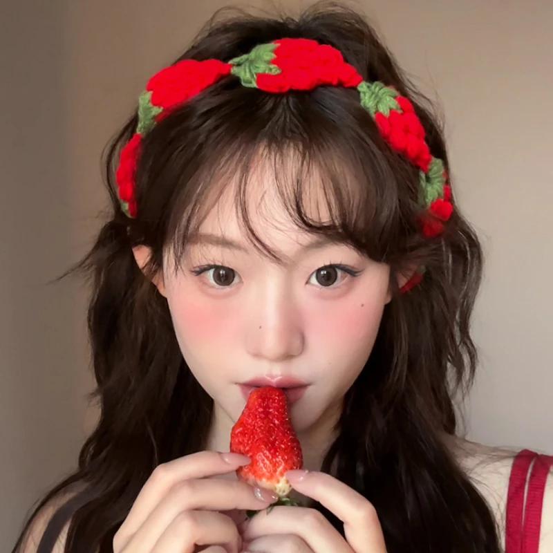 Милые и симпатичные повязки на голову с клубникой ручной работы Ins Style для женщин, весенние дорожные универсальные повседневные фото головные уборы, шарфы для волос