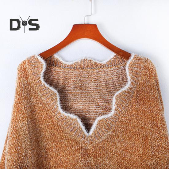 Женский свитер с длинным рукавом, свободный крой, V-образный вырез, вязаный свитер, женский повседневный джемпер, пуловер, топ для осени и зимы