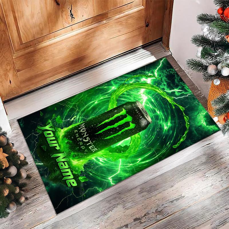 Monster Energy Crystal Velvet Rug, Custom Name Text Personalized Non‑Slip Floor Mat for Home Decor Gift