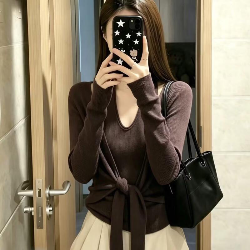 ZOSOUL V-Neck Halter-Style Faux Two-Piece Knit Long Sleeve Top