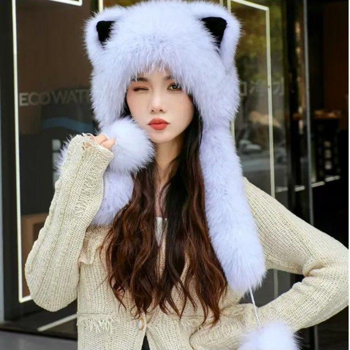 Стильная и милая шапка-ушанка, имитация плюша, большие лисьи уши, защита ушей, интегрированный шарф, утолщенная, осенне-зимняя, теплая шапка от холода