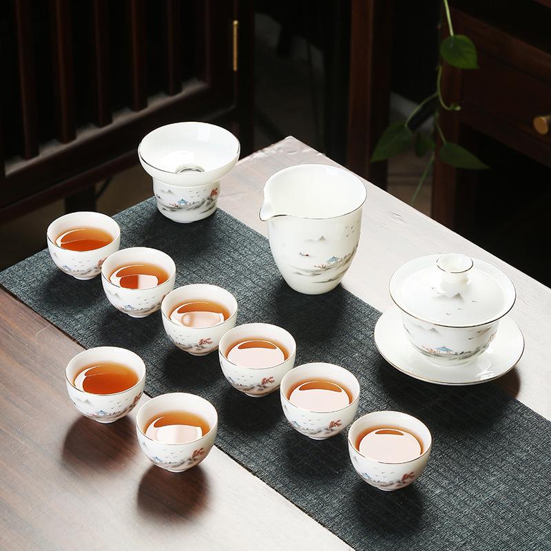 Company event business gifts, printed mutton fat jade porcelain Kung Fu tea set set, home gift gift