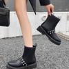 Мода 2025 Осень/Зима Новые Короткие Ботинки с Заклепками и Боковой Молнией для Женщин Черная Кожа Толстая Подошва Толстый Каблук Элегантные Ботинки для Женщин