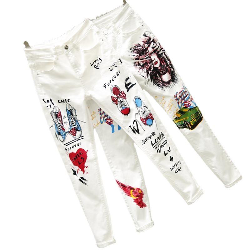 Женские белые джинсы в уличном стиле в стиле хип-хоп, весна-осень и лето, узкие джинсовые брюки с высокой талией и принтом, повседневные брюки