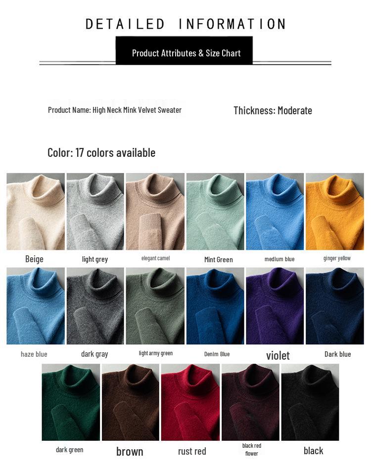 Men's High-Neck Mink Cashmere Sweater - Solid Color, Warm, Thick, Lapel, Base Layer.