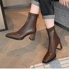 Autumn and Winter Short Boots Women Square Head Black Side Zipper Boots Women Chunky Heel Leather Boots White Single Boots High Heel Short Boots
