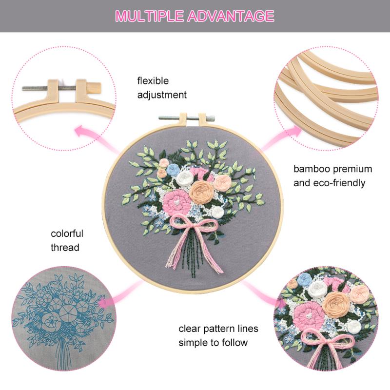Набор для вышивания 3 шт. Хлопок и лен, цветочная вышивка, набор материалов для DIY, бамбуковые пяльцы для вышивания 20 см
