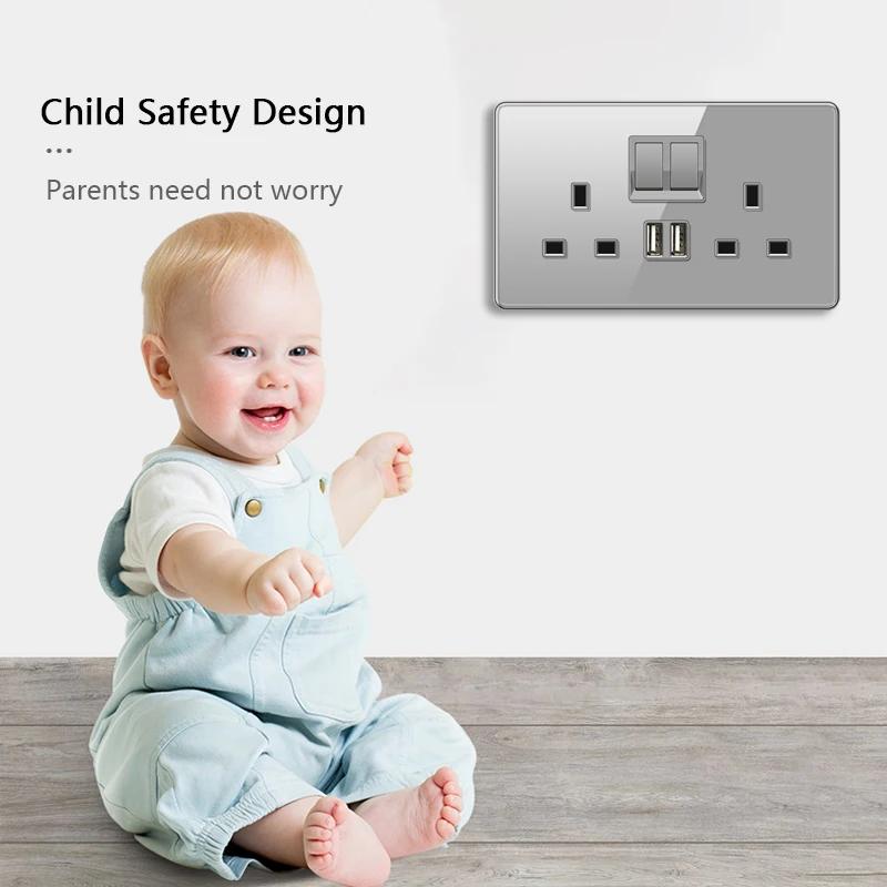 UK 13A Wall Socket with Type-C 18W Fast Charging Plug Socket,Glass Panel Power Double Universal Outlet with Quick USB C Charge