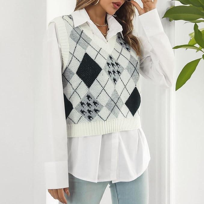 Женский пуловер-жилет с V-образным вырезом и аргайловым узором для осени/зимы