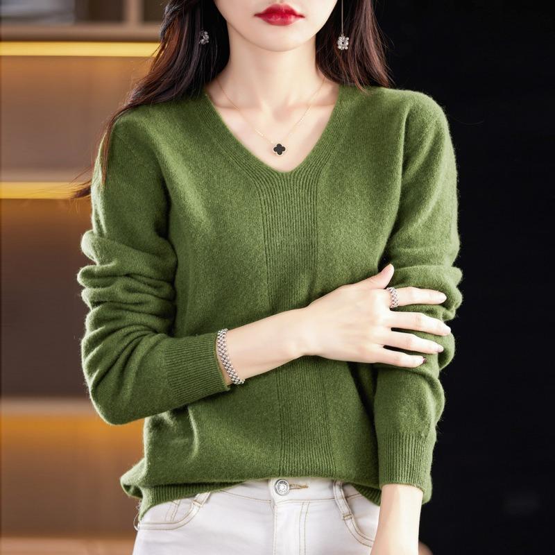 Spring and Autumn Women's Knit Sweater V-neck Long-sleeved Knit Sweater Solid Color Pullover Thin Top Gentle Wind Knitted Bottoming Shirt
