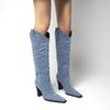 Winter New Square Toe Denim High Heel Fashion Boots 2025 Thick Heel Western Knight Boots for Women